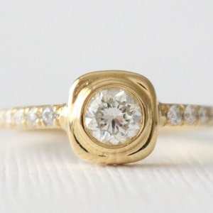 Certified Diamond Cushion Bezel Half Eternity Engagement Ring, Unique Everyday Diamond Bezel Wedding Ring in 18K Yellow Gold