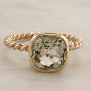 4 Cts. Cushion Sage Green Amethyst Twist Ring in 14K Yellow Gold