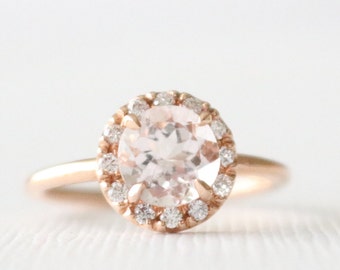Morganite Diamond Halo Engagement Ring in 14K Rose Gold