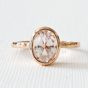 Oval White Sapphire Bezel Ring, Sapphire Statement Ring, Sapphire Engagement Ring, Diamond Alternative, Hammered Bezel Ring in 14K Rose Gold