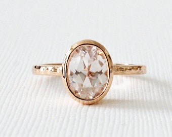 Oval White Sapphire Ring: Hammered 14K Rose Gold Bezel Setting