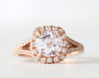 Round Peach Sapphire Split Shank Diamond Halo Engagement Ring in 14K Rose Gold Design by Studio 1040