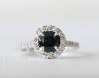 Round Brilliant Blue Sapphire Diamond Halo Engagement Ring, Classic Blue Gemstone Wedding Ring in 14K White Gold