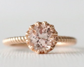 Solitaire Peachy Pink Cor-de-Rosa Morganite Twist Band Engagement Ring, Pink Gemstone Wedding Ring in 14K Rose Gold
