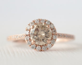 Round Champagne Diamond Halo Ring, Diamond Engagement Ring, Diamond Wedding Ring, April Birthstone in 14K Rose Gold Design by Studio 1040