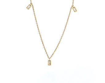 14K Yellow Gold White Sapphire Baguette Dangle Necklace