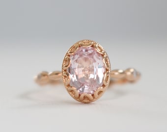 Oval Light Pink Sapphire Scalloped Prong Ring, Peach Sapphire Milgrained Diamond Engagement Ring, Oval Sapphire Ring in 14K Rose Gold