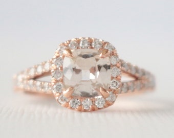 1.12 Ct Cushion Peach Sapphire Diamond Halo Split Shank Engagement Ring, Peach Sapphire Engagement Ring, Sapphire Wedding in 14K Rose Gold