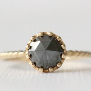 Rose Cut Black Diamond Vintage Inspired Twist Ring, Black Diamond Ring, Rose Cut Diamond Lotus Ring in 14K Yellow Gold Design by Studio 1040