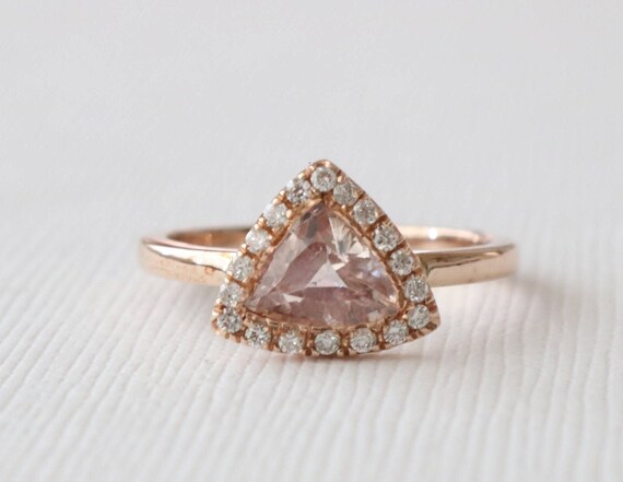 Trillion Cut Peach Pink Sapphire Diamond Halo Ring in 14K Rose