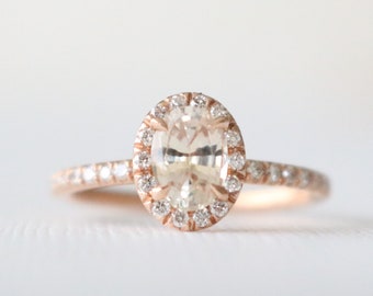 Solitaire Oval Peach Sapphire Diamond Halo Half Eternity Engagement Ring, Handmade Peach Gemstone Wedding Ring in 14K Rose Gold