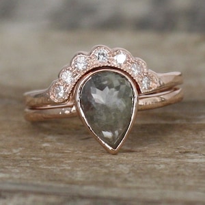 SET - Pear Rose Cut Gray Diamond Bezel Ring in 14K Rose Gold