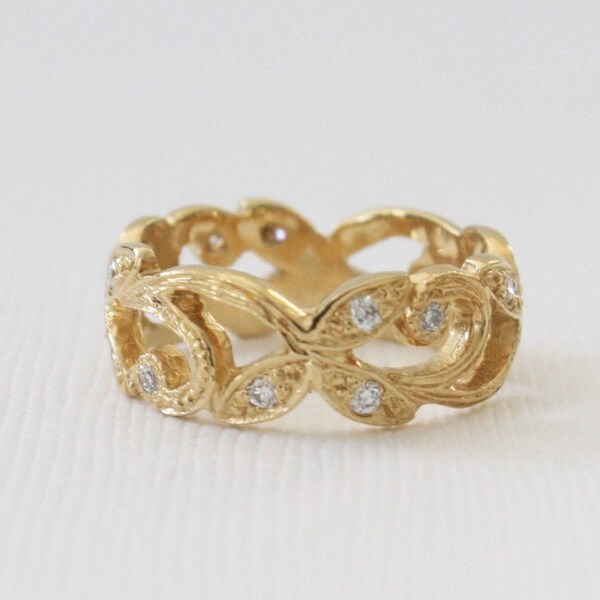 Anneau de diamant de filigree d'or massif artisanal en or jaune 14K