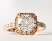 7mm Cushion Moissanite Pave Diamond Halo Half Eternity Engagement Ring, Diamond Alternative Wedding Ring in 14K Rose Gold