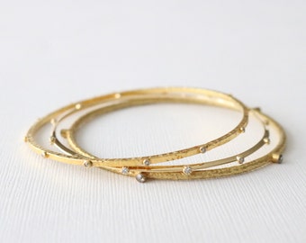 18K Solid Gold Diamond Bangle Bracelet Set: Hammered Stacking Bangles