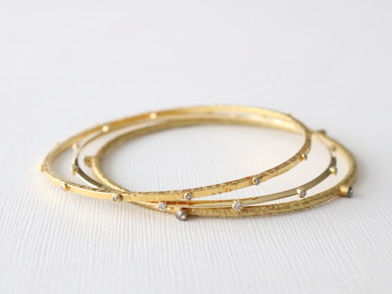 SET 3 Solid Gold Diamond Stacking Bangle Bracelets in 18K Solid
