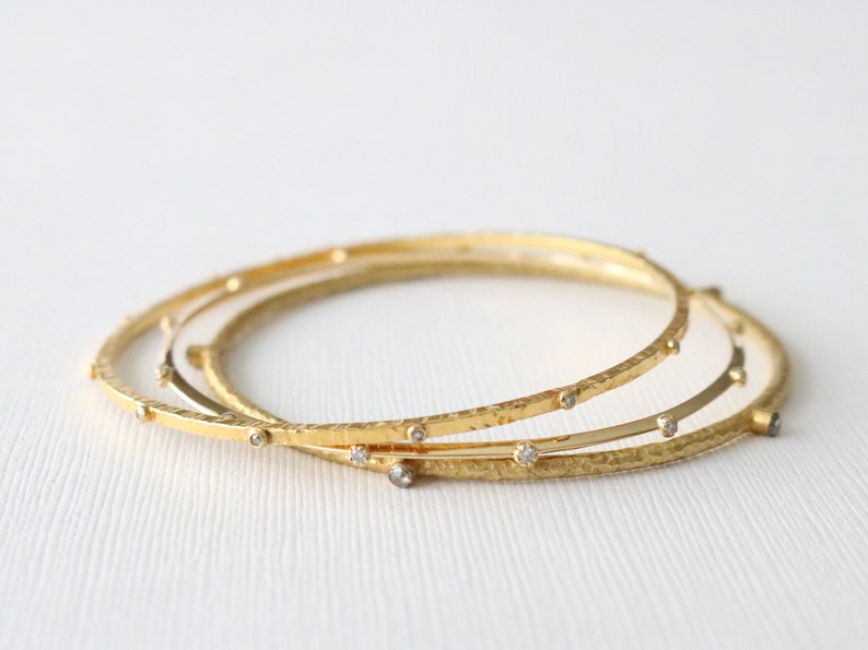 SET 3 Solid Gold Diamond Stacking Bangle Bracelets in 18K Solid Gold image 1