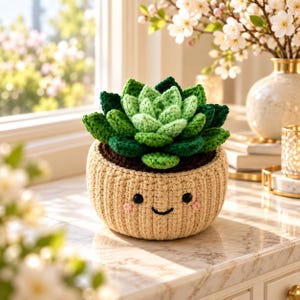 Puede incluir: Una planta suculenta de ganchillo en una maceta beige con una cara sonriente. La suculenta presenta hojas en capas en varios tonos de verde, de claro a oscuro. La maceta redonda y acanalada tiene dos ojos negros, una boca pequeña y mejillas rosas.