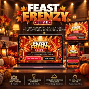 May include: A laptop and smartphone displaying the Feast Frenzy Live Thanksgiving game night interface with orange and red autumn leaves, pumpkins, and stage lighting. The screen shows buttons for Start Game Night and How to Play with text.