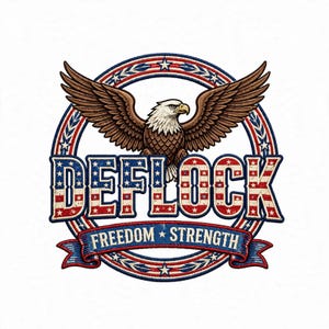 May include: A circular embroidered patch featuring a bald eagle with spread wings centered above the text DEFLOCK in a red, white, and blue star-spangled pattern. A blue banner below reads FREEDOM STRENGTH, framed by a red, white, and blue border.