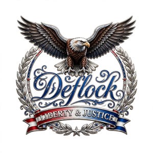 May include: A graphic emblem featuring a bald eagle with spread wings perched above the blue script text Deflock. Below, a red, white, and blue ribbon banner displays the text LIBERTY & JUSTICE, framed by silver laurel wreaths and a star.