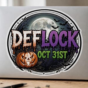 May include: A circular sticker featuring the text DEFLOCK in dripping orange and purple letters above the green text OCT 31ST. The design includes a glowing full moon, flying bats, spiderwebs, and a carved orange jack-o'-lantern pumpkin.