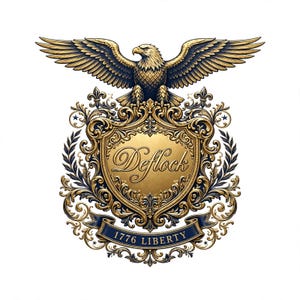 May include: A golden eagle with spread wings perched atop an ornate shield featuring the word Deflock in script. Below the shield, a dark blue ribbon banner displays the text 1776 LIBERTY, surrounded by intricate gold and blue scrollwork.