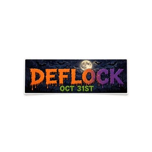 May include: A rectangular sticker featuring the text DEFLOCK in a dripping orange and purple font, with the text OCT 31ST in green below. The background shows a dark night sky with a full moon, silhouettes of bare trees, and flying bats.