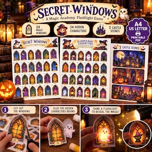 Op de afbeelding: Secret Windows A Magic Academy Flashlight Game printbaar PDF met 24 magische ramen, 24 verborgen karakters en 3 kasteelscènes. Bevat instructies voor het uitknippen van ramen, achterplakken van karakters en gebruik van zaklamp.