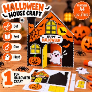 May include: A printable Halloween house craft kit featuring a paper house with a ghost, pumpkins, bats, and spiderwebs. The design includes text reading HALLOWEEN HOUSE CRAFT, HAPPY HALLOWEEN, and 1 FUN HALLOWEEN CRAFT, with icons for cut, fold, glue, and play.