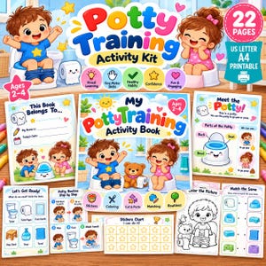 Cahier d'activités imprimable pour l'apprentissage de la propreté (2-4 ans), tableau pour tout-petits, autocollants, certificat, cartes visuelles pour les routines, PDF instantané A4-Lettre US