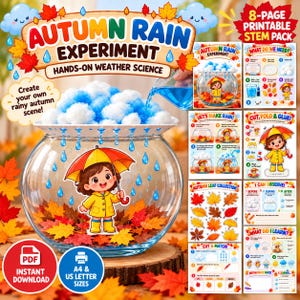 Może przedstawiać: 8-stronicowy pakiet edukacyjny STEM do druku zatytułowany Autumn Rain Experiment, przedstawiający szklaną misę z watą i jesiennymi liśćmi, postać z kreskówki w żółtym płaszczu przeciwdeszczowym z parasolem oraz arkusze z instrukcjami.