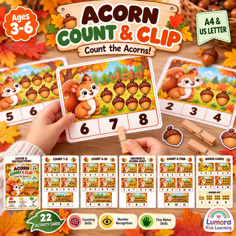 Acorn Count and Clip Printable, Squirrel Counting Activity, Preschool ...