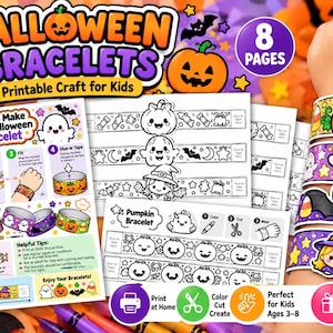 May include: A printable Halloween bracelet craft set featuring 8 pages of black and white designs to color, cut, and wear. The set includes instructions, a list of supplies, and examples of finished bracelets with pumpkin, ghost, bat, and witch motifs.