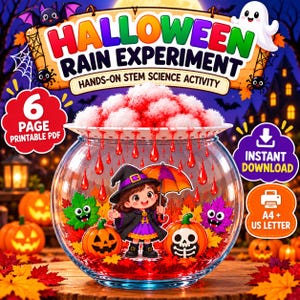 Może przedstawiać: Plik PDF do druku Halloween Rain Experiment z szklaną misą, czerwonymi kroplami płynu, czarownicą z pomarańczowym parasolem, dyniami i kolorowymi liśćmi. Tekst zawiera Halloween Rain Experiment oraz 6 Page Printable PDF.