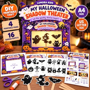 Puede incluir: Un kit de manualidades Lumora Kids para crear un teatro de sombras de Halloween, que incluye un marco de teatro, 16 marionetas de sombra e instrucciones. El set contiene 4 páginas imprimibles con diseños de fantasmas, brujas y calabazas.