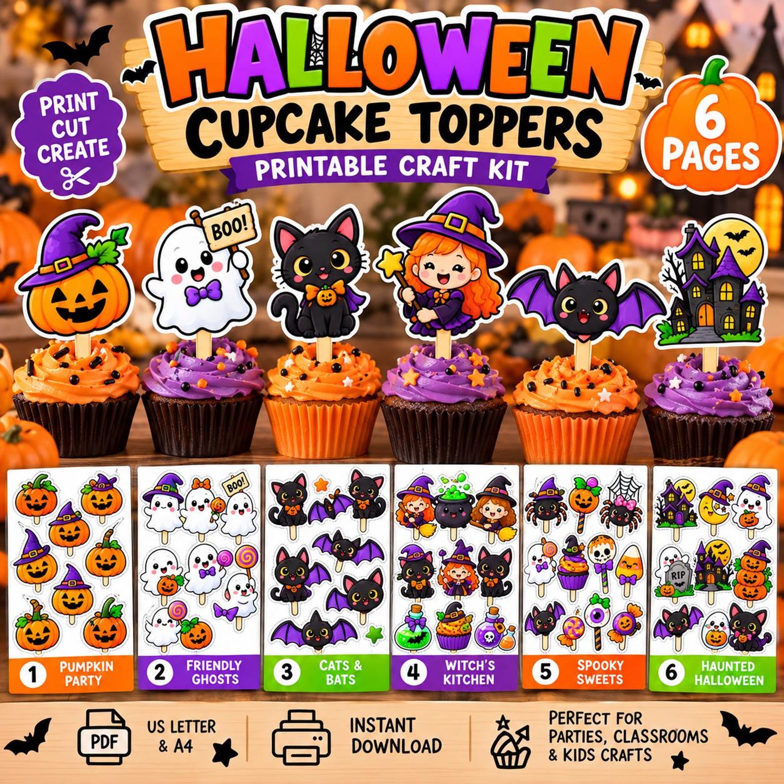 A Cute Print-and-Cut Character Kit Printable Halloween topper kit preview with cheerful pumpkin, ghost, cat, witch and bat characters.