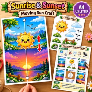 May include: A Sunrise & Sunset Moving Sun Craft kit featuring a printable landscape scene with a sliding sun, a sheet of cut-out pieces including a sun, clouds, and birds, and an instructional guide with text and diagrams for assembly.