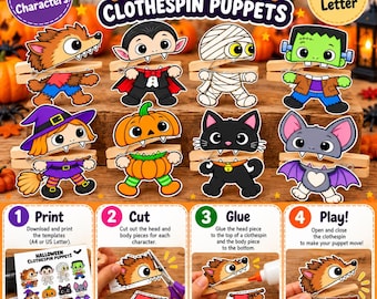 Puede incluir: Un conjunto de 8 marionetas de papel imprimibles con temática de Halloween, diseñadas para fijarse a pinzas de ropa de madera. Los personajes incluyen un hombre lobo, vampiro, momia, Frankenstein, bruja, calabaza, gato negro y murciélago. Incluye instrucciones.