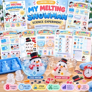 May include: A My Melting Snowman science experiment kit featuring eight printable pages, a blue silicone snowman mold, two clear glass bowls containing melting snowman figures in cold and warm water, and various paper cut-out accessories.