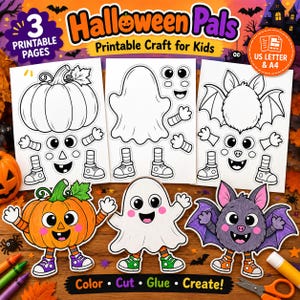 May include: A set of three printable Halloween craft pages featuring outlines of a pumpkin, a ghost, and a bat with separate limbs and facial features. Below the pages are colored-in versions of the characters: an orange pumpkin, a white ghost, and a purple bat, all with striped legs and sneakers.