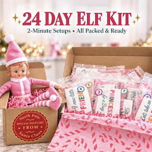 May include: A 24 Day Elf Kit featuring a doll in a pink outfit and hat sitting in a small box labeled North Pole Special Delivery From Santa Claus. A larger open box contains numbered plastic bags with printed cards including text like Let's take an ELFIE! and Princess for a Day, all nestled in pink paper shred.