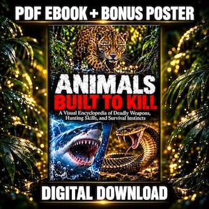 Op de afbeelding: Een digitaal PDF-e-boek en bonusposter getiteld Animals Built to Kill: A Visual Encyclopedia of Deadly Weapons, Hunting Skills, and Survival Instincts. De cover toont een luipaard, een grote witte haai en een slang.