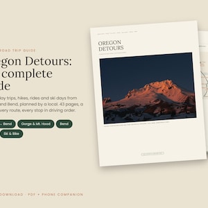 Peut inclure: Un guide de voyage numérique intitulé Oregon Detours: the complete guide. La couverture présente une photographie d'un sommet enneigé au coucher du soleil. Le guide comprend 43 pages, des cartes et des sections pour Portland, Bend, Gorge, Mt. Hood et Coast.