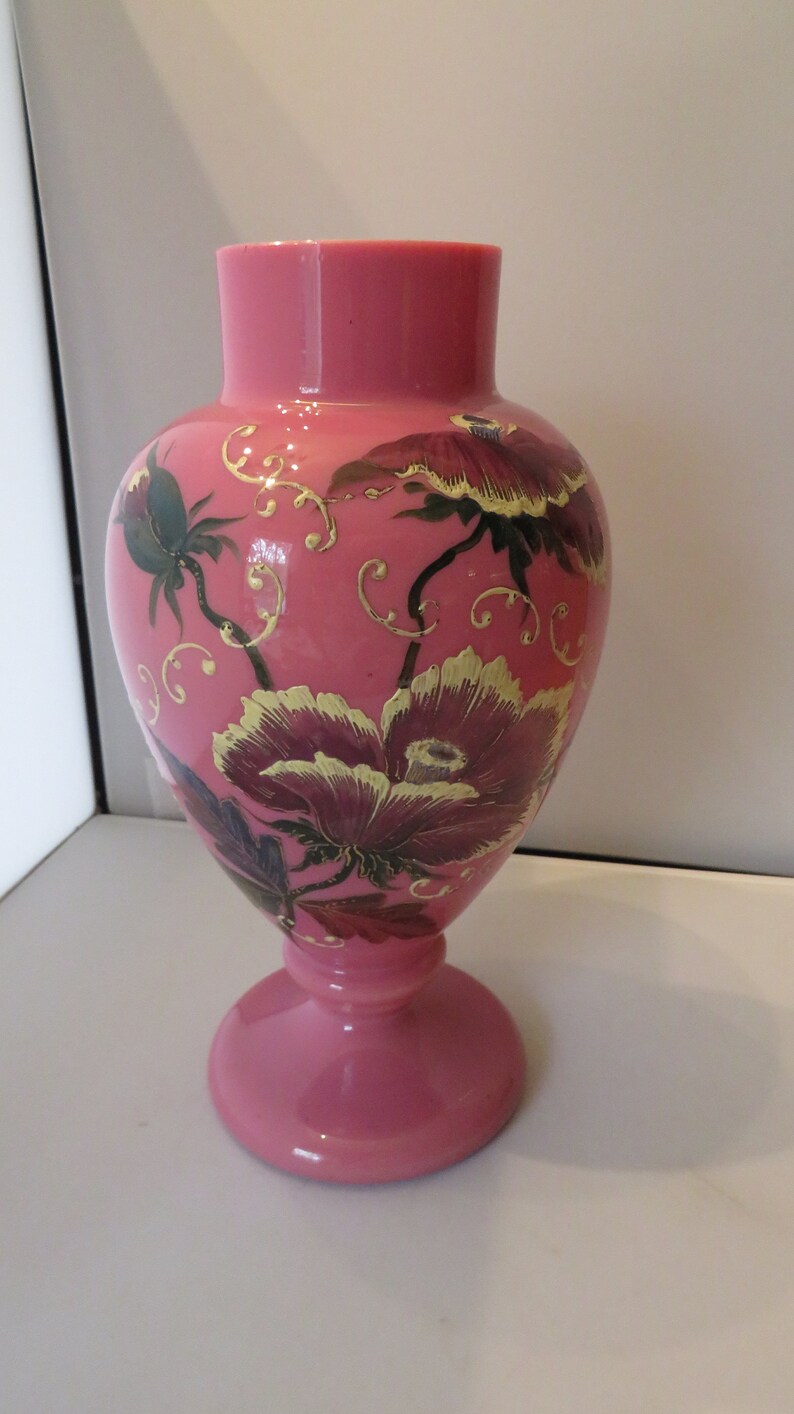 Victorian Bristol Glass Vase Pink floral Hand Painted Etsy