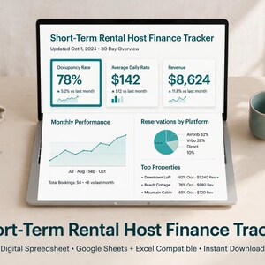 Hoja de cálculo para el seguimiento financiero de anfitriones de Airbnb: contabilidad de alquileres a corto plazo, panel de control de ingresos por habitación disponible (ADR/RevPAR), registro de ingresos y gastos de VRBO / Excel