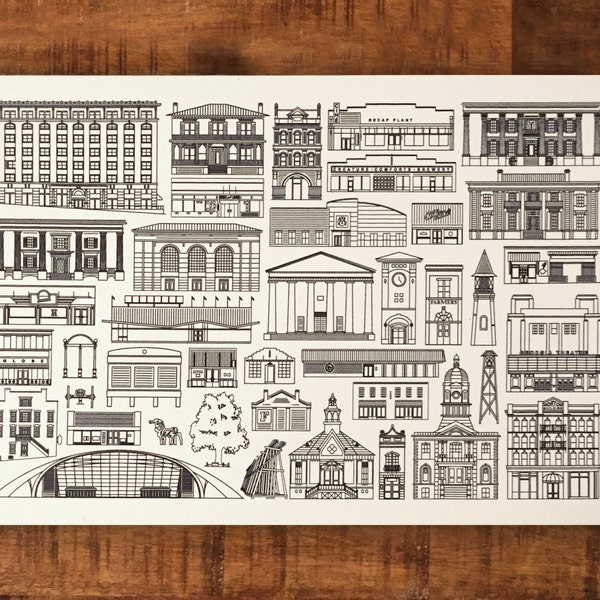 Athens Georgia Landmarks Print - 12x18" - French Paper Speckletone - 100lb