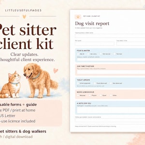 May include: A digital pet sitter client kit featuring a dog visit report form. The design includes illustrations of a ginger cat and a golden retriever, with text reading Pet sitter client kit, Clear updates, A thoughtful client experience, and Dog visit report. Includes 5 reusable forms, A4 and US Letter sizes, and fillable PDF options.