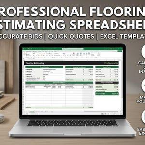 May include: A laptop displaying a professional flooring estimating spreadsheet with columns for project details, material breakdown, and labor costs. The screen shows text including Flooring Estimating, ProContractor, and various financial data points.