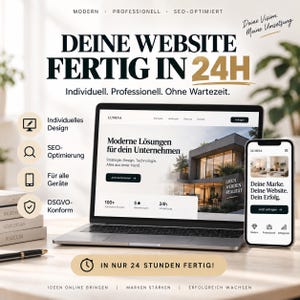 May include: A laptop and smartphone displaying a website for Lumina with the text DEINE WEBSITE FERTIG IN 24H. The screen shows business services, modern architecture, and features like individual design, SEO optimisation, and GDPR compliance.